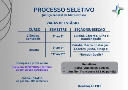 Justiça Federal contrata estagiário de direito e contabilidade em várias cidades