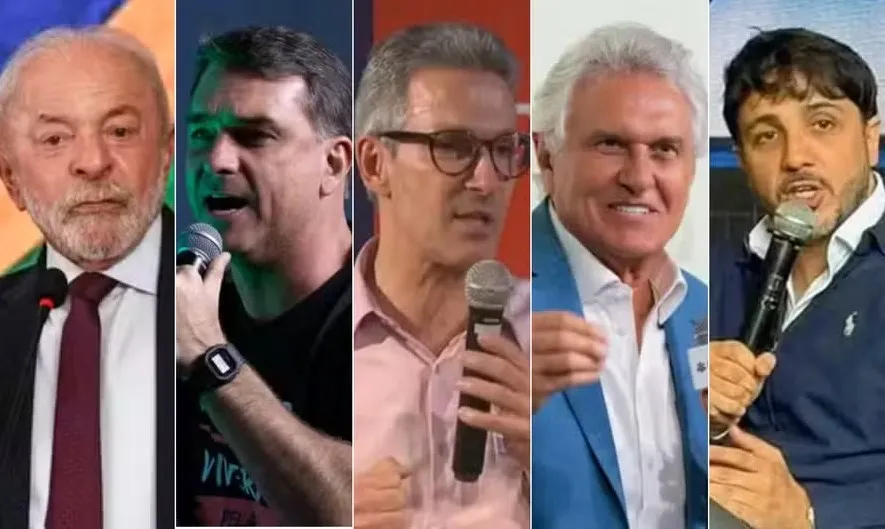 Lula, Flávio Bolsonaro, Romeu Zema, Ronaldo Caiado e Renan Santos — Foto: Marcelo Camargo/Agência Brasil, Edilson Dantas / Agência O Globo, Reprodução/TV Globo, Divulgação e Genial/Divulgação
